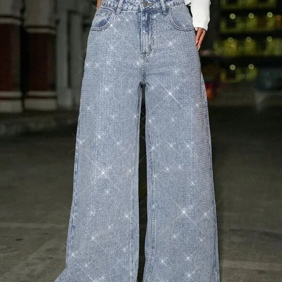 Light Wash Casual Women's Rhinestone Studded Low Waist Baggy Jeans with Glitter - Picture 5 of 6